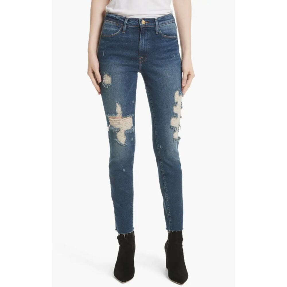 FRAME DENIM Womens Le High Raw Edge Skinny Jeans Distressed Medium Wash Size 27